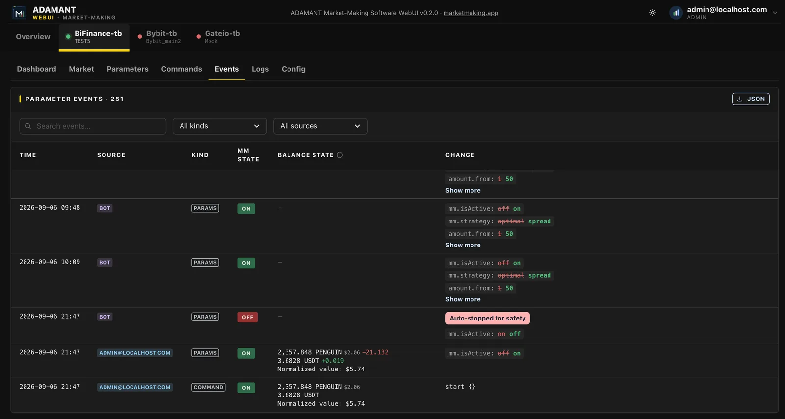 Events: parameter audit trail with safety auto-stop and balance context