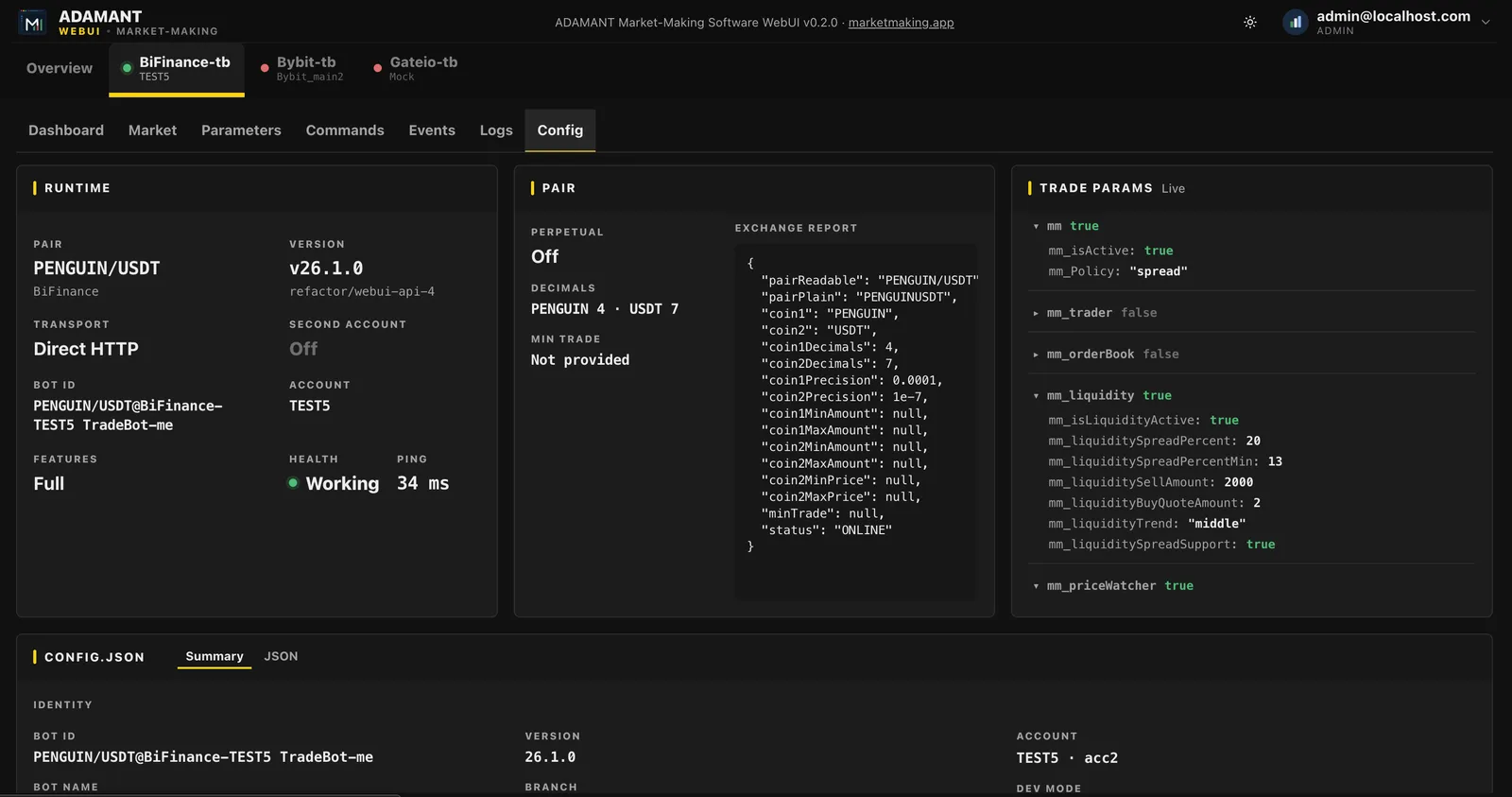 Config: runtime health, pair metadata, live trade-params tree, config summary