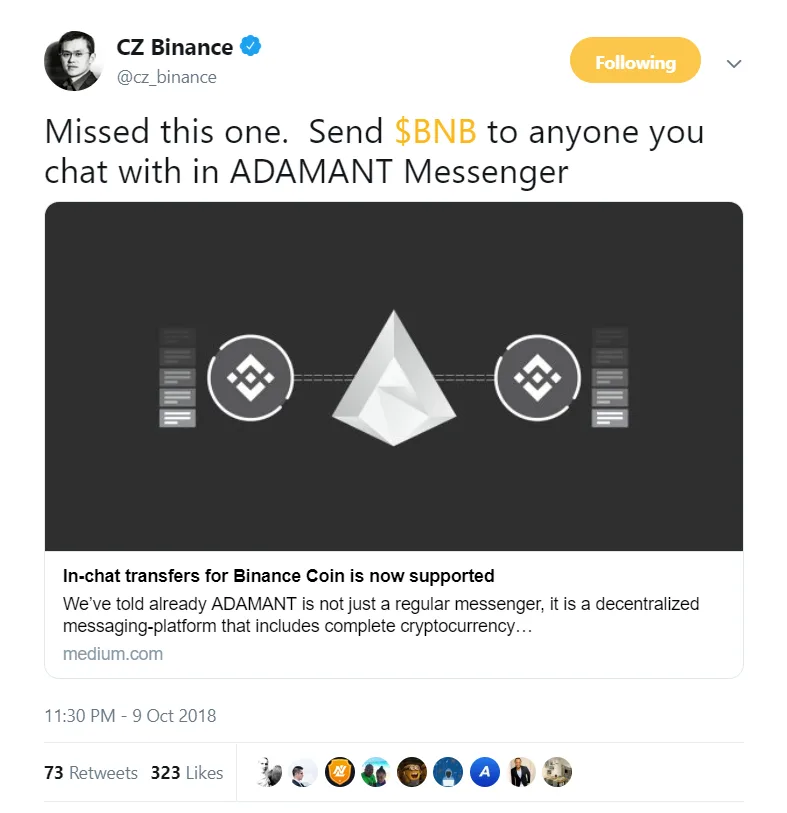Теперь в ADAMANT поддерживается передача Binance Coin в чате