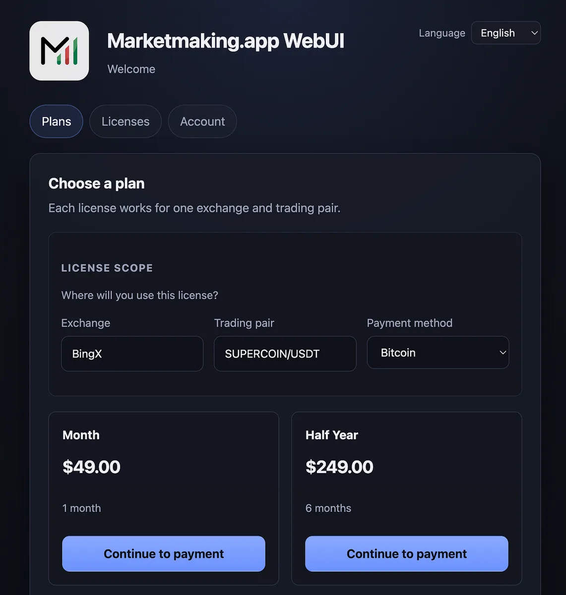 User interface: Subscription plans