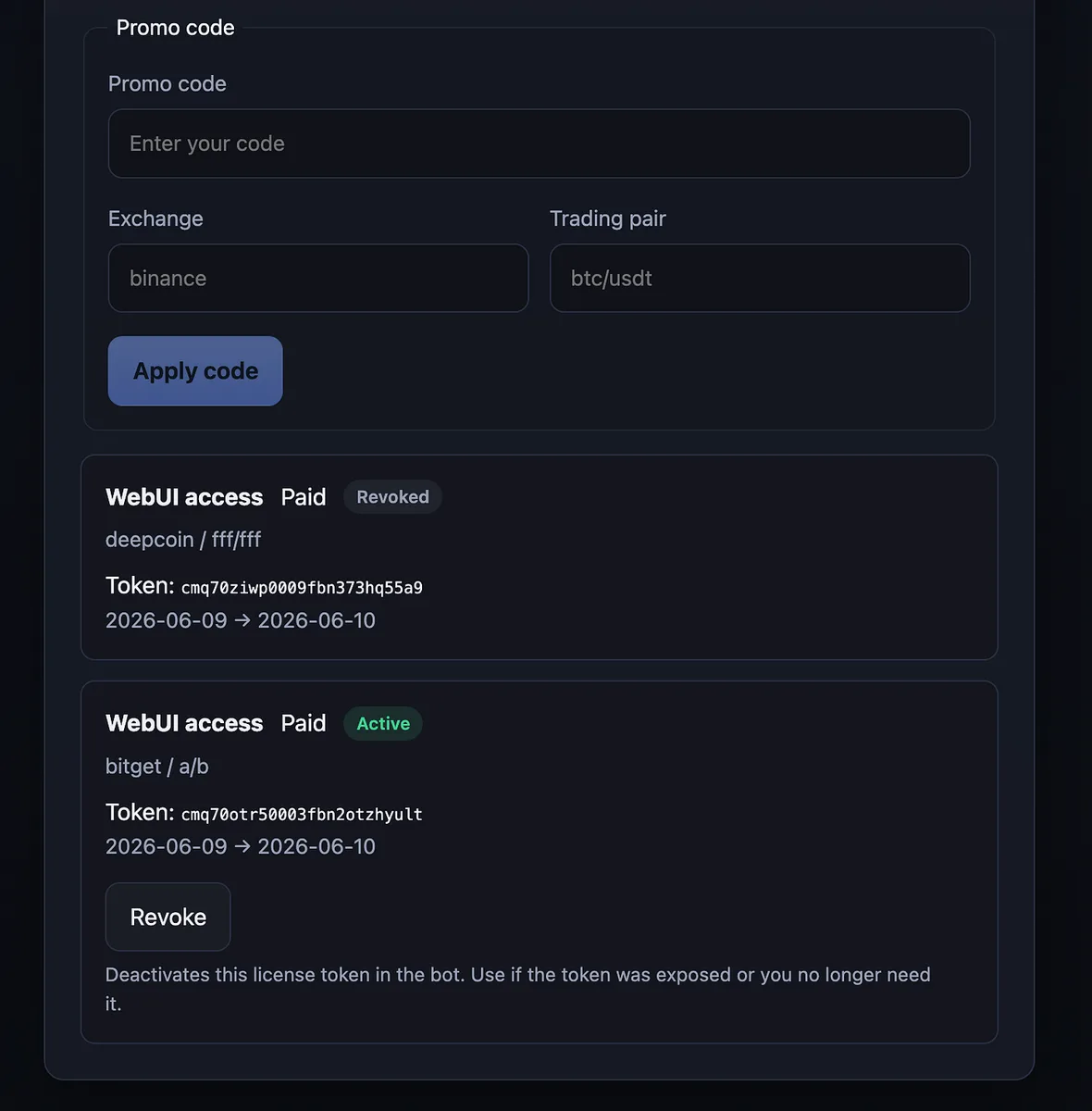 User interface: Licenses