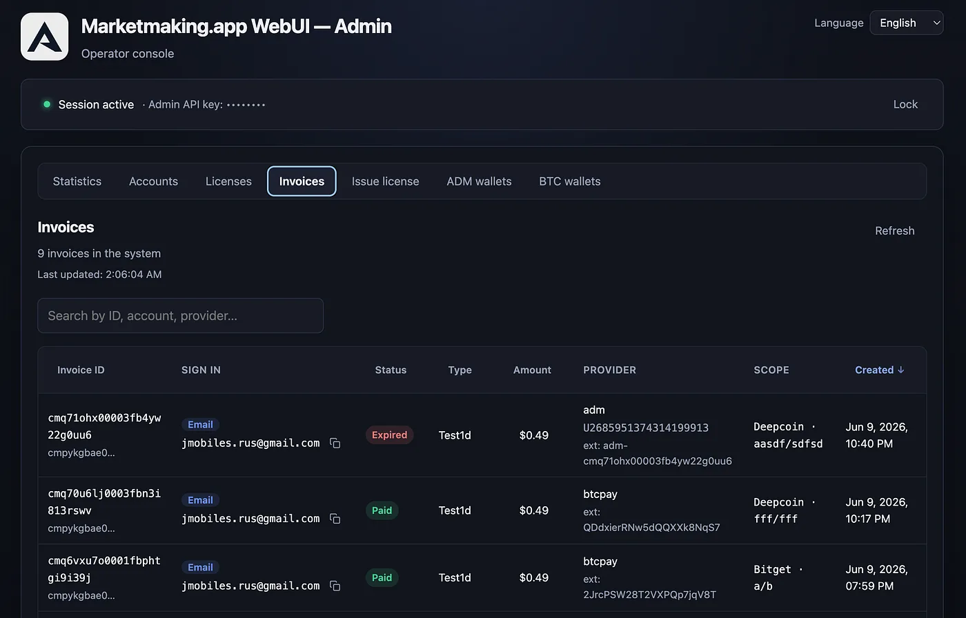 Admin dashboard: Invoices