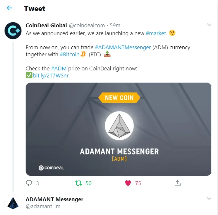 Партнёрство с CoinDeal Global и листинг ADM/BTC